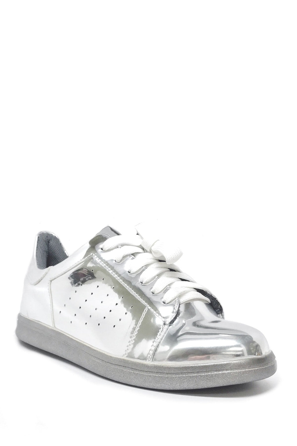 DC-N.Y.L.A. Shoes stylish silver sneakers with lace-up design and cushioned sole on a white background.