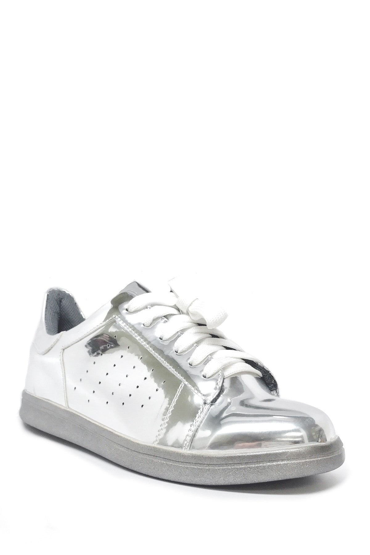 DC-N.Y.L.A. Shoes stylish silver sneakers with lace-up design and cushioned sole on a white background.