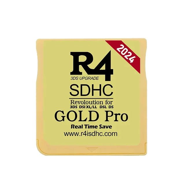 APEX R4 Gold Pro SDHC cartridge for DS/3DS/2DS with USB, featuring sleek design and clear label.