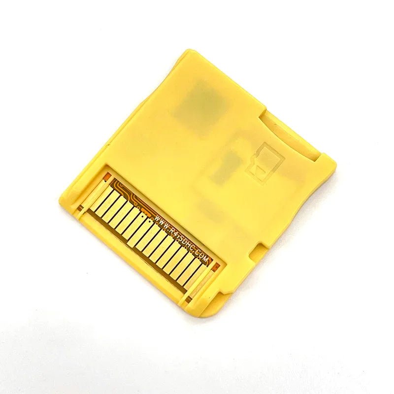 APEX R4 Gold Pro SDHC cartridge with USB for DS/3DS/2DS, showcasing sleek design and functional features.