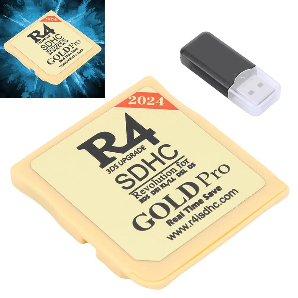 APEX R4 Gold Pro SDHC cartridge with USB for DS/3DS/2DS, featuring a sleek design and easy-to-use interface.