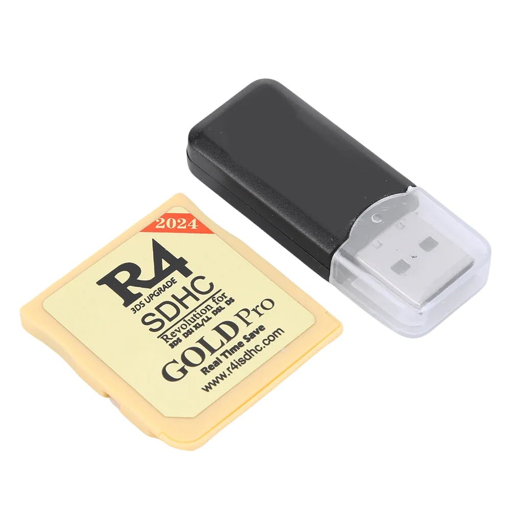 APEX R4 Gold Pro SDHC cartridge for DS/3DS/2DS with USB, featuring a sleek design and compact size.