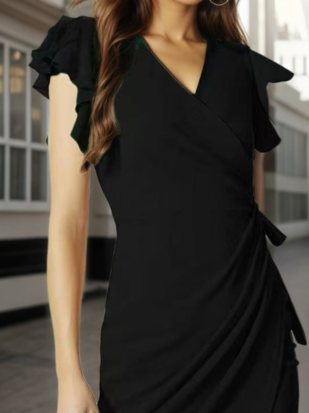 APEX women's deep V-neck casual dress with pleated sleeves, showcasing a fitted silhouette and stylish design.
