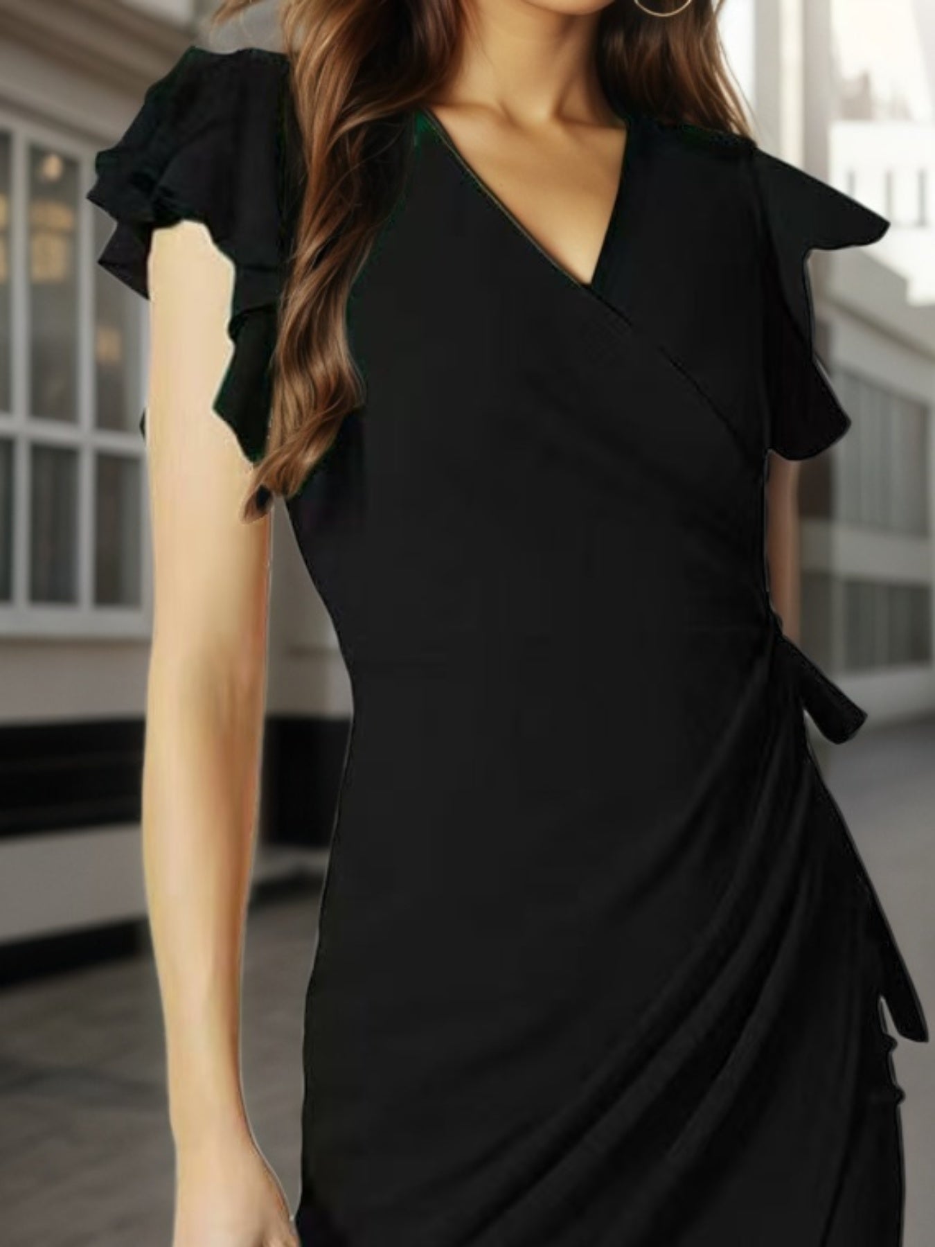 APEX women's deep V-neck casual dress with pleated sleeves, showcasing a fitted silhouette and stylish design.
