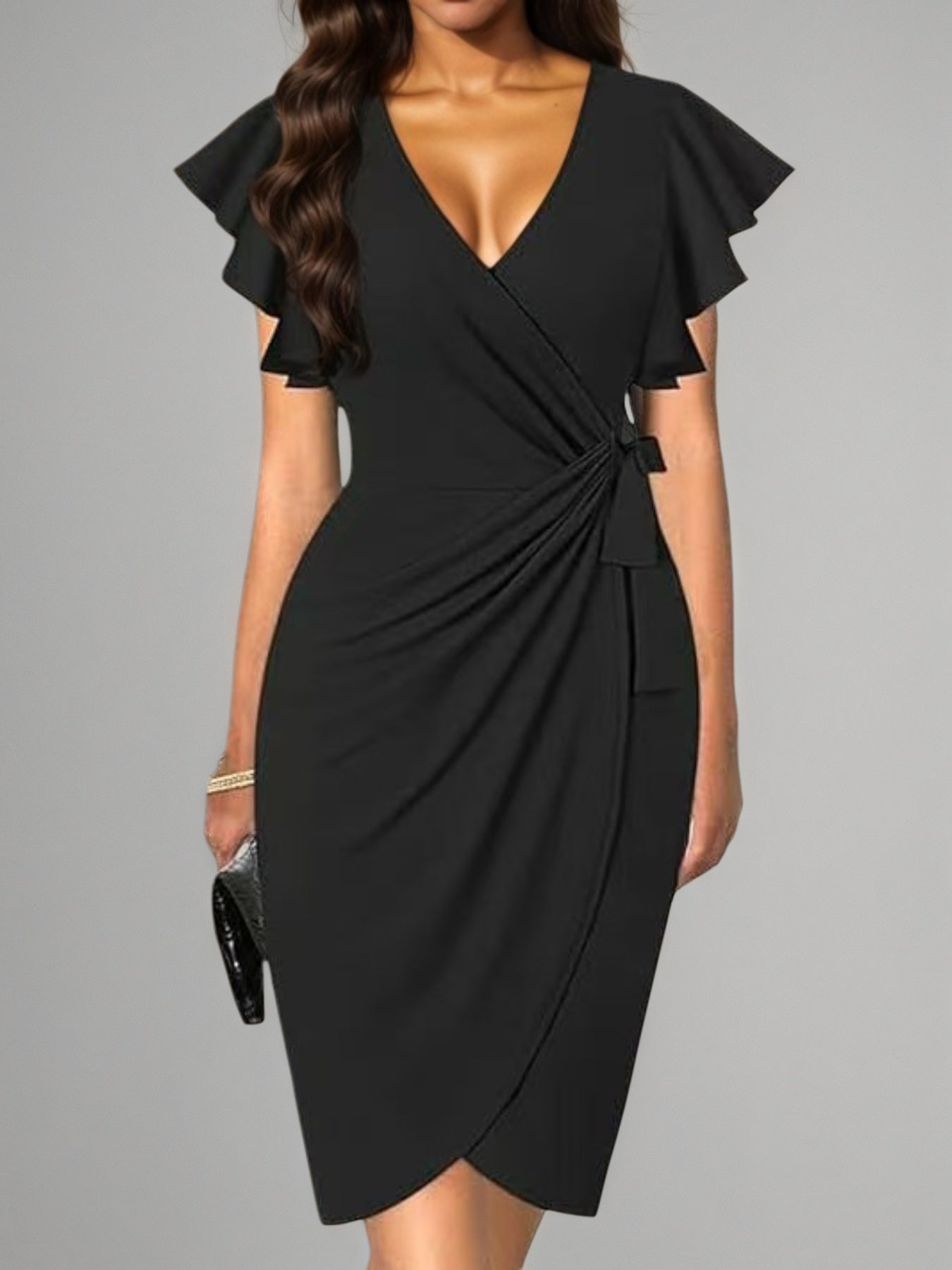 APEX women's deep V-neck pleated sleeve dress in casual fashion style, perfect for Middle Eastern trends.