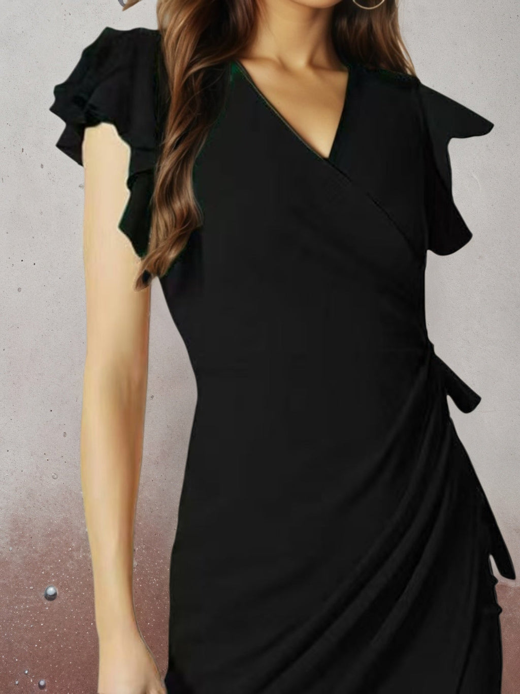 APEX women's deep V-neck casual dress with pleated sleeves and a fitted silhouette in a stylish design.
