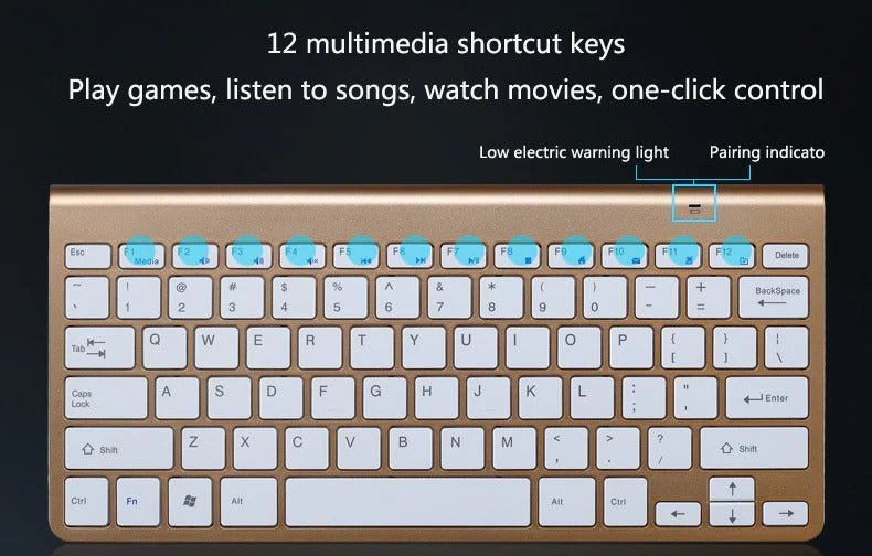 DC-THE CEO 2.4 GHz wireless mini keyboard and optical mouse set on a desk with a laptop and notebook.