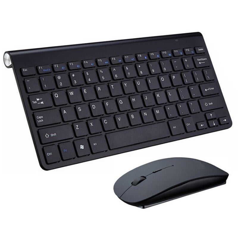 DC-THE CEO 2.4 GHz wireless mini keyboard and optical mouse set in sleek black design on a white background.