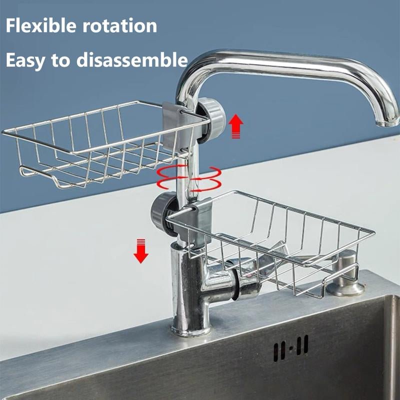2Pcs Kitchen Sink Faucet Organizer, Adjustable Detachable Sponge Holder, Soap Kitchen Sink Drain Rack，Rustproof Stainless, Towel Hook Bathroom Universal - APEX