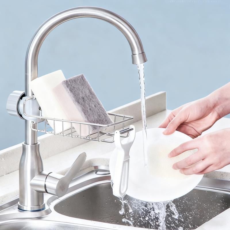 2Pcs Kitchen Sink Faucet Organizer, Adjustable Detachable Sponge Holder, Soap Kitchen Sink Drain Rack，Rustproof Stainless, Towel Hook Bathroom Universal - APEX