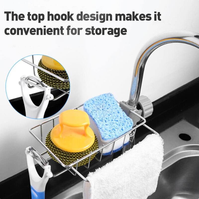 2Pcs Kitchen Sink Faucet Organizer, Adjustable Detachable Sponge Holder, Soap Kitchen Sink Drain Rack，Rustproof Stainless, Towel Hook Bathroom Universal - APEX