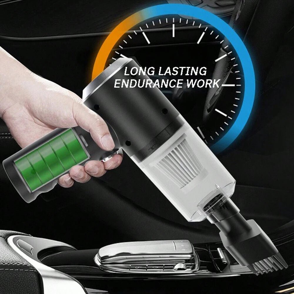 Compact USB charging vacuum cleaner with integrated suction and blowing features for car and household use.