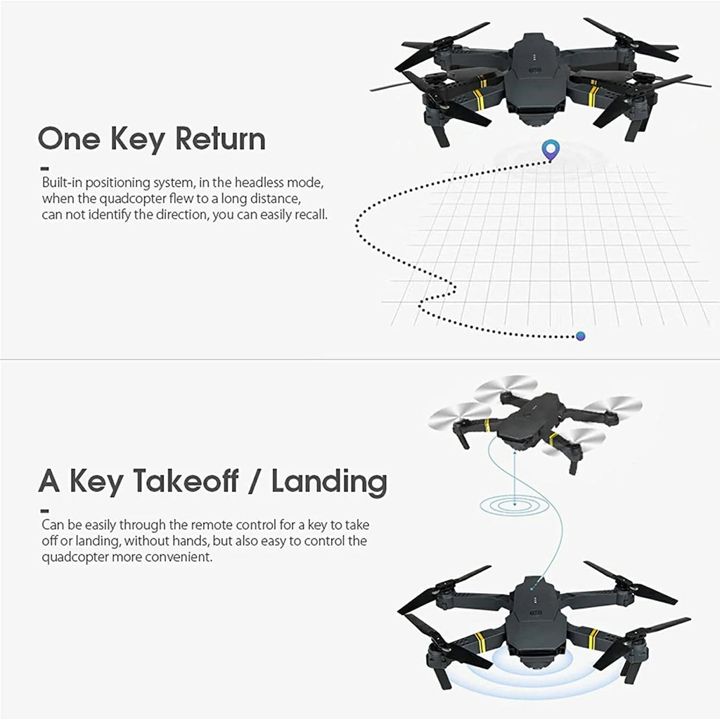 DC-THE CEO foldable quadcopter drone with 4K HD dual cameras and wide-angle view, showcasing its portable design.