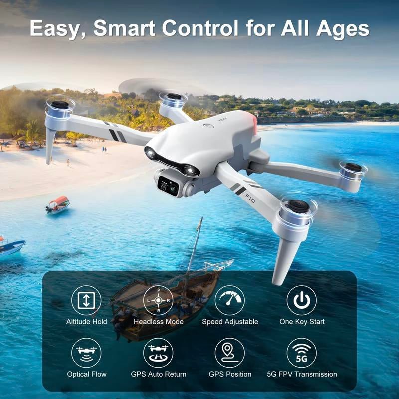 Aerial Drone 2025 F10 Pro with 4K UHD EIS Camera GPS 5G Wifi FPV Brushless Motors Optical Flow Smart Obstacle Avoidance Auto Return 360° Stunt Roll Dual Batteries - APEX