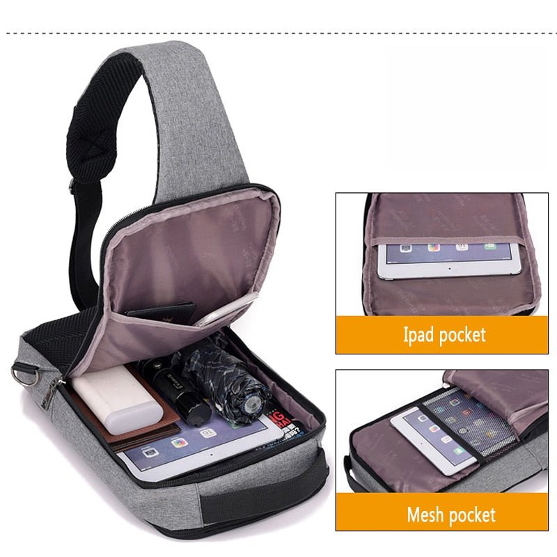 APEX anti-theft USB charging chest bag featuring adjustable straps and multiple pockets for secure storage.