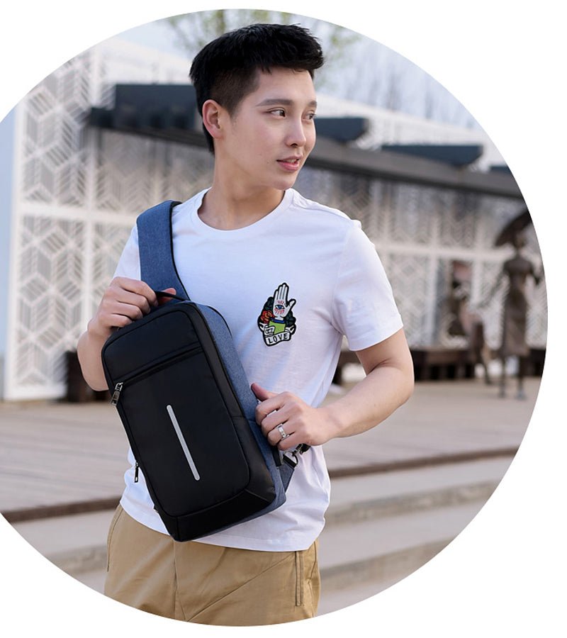 APEX anti-theft USB charging chest bag with adjustable straps and sleek design, perfect for on-the-go convenience.