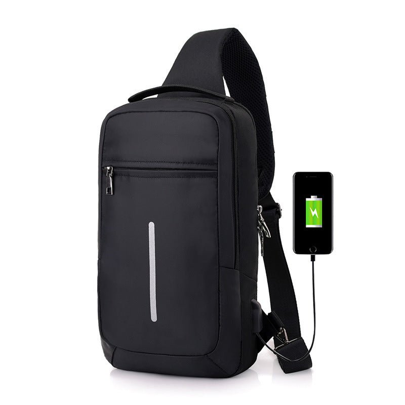 APEX anti-theft USB charging chest bag with adjustable straps and multiple pockets for secure storage and convenience.