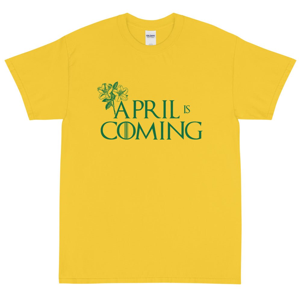 Golfer Paradise April is Coming t-shirt, featuring a playful graphic design on a soft cotton fabric.