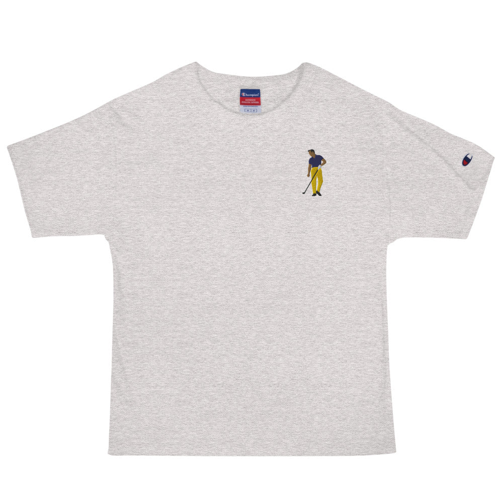GolferParadise Arnie Embroidery Champion T-Shirt featuring detailed embroidery and a classic fit in a stylish mockup.
