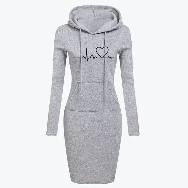APEX women's long-sleeved hoodie dress in autumn colors, featuring a relaxed fit and stylish hood for casual comfort.