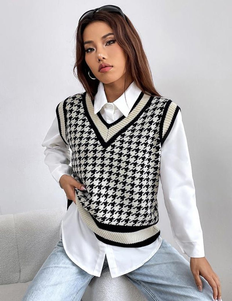 Breathsunny Women'S V Neck Knit Sweater Vest Fall Houndstooth Sleeveless Pullover Crop Knitwear Preppy Style Tank Tops 2024 - APEX