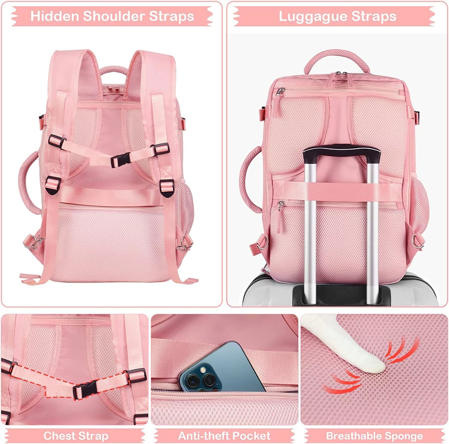 Extra Large Travel Backpack for Women,Carry on Backpack,17 Inch Laptop Backpack,Hiking Backpack,School Bag,Pink - APEX